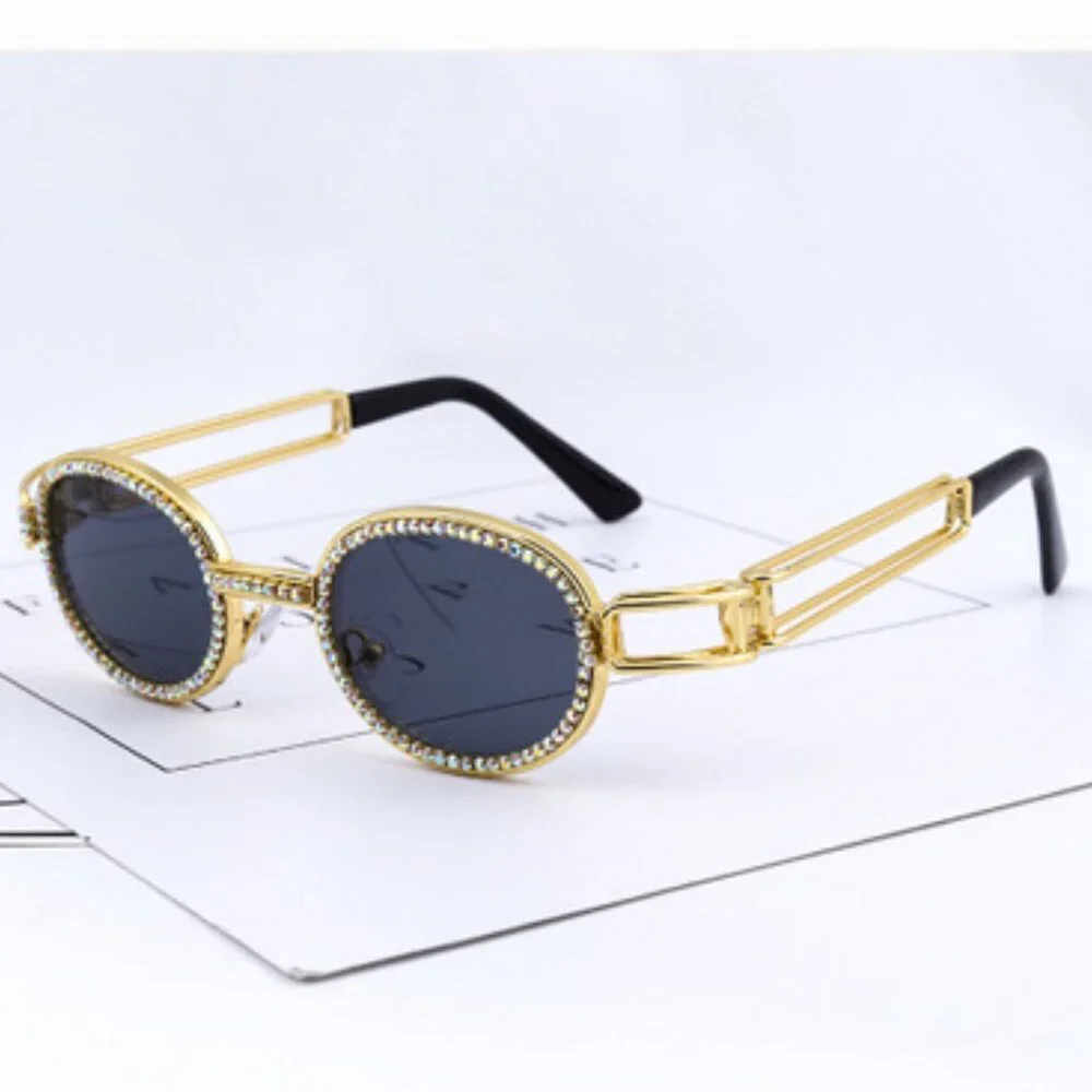 Round Black Lens Diamond Men Sunglasses Iceout Gold Frame Hip Hop Style‎ Lentes